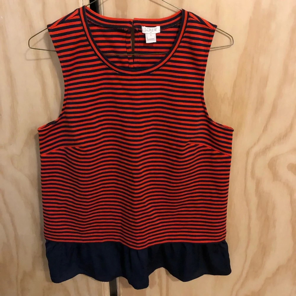 J Crew Striped Navy & Red Peplum Top S